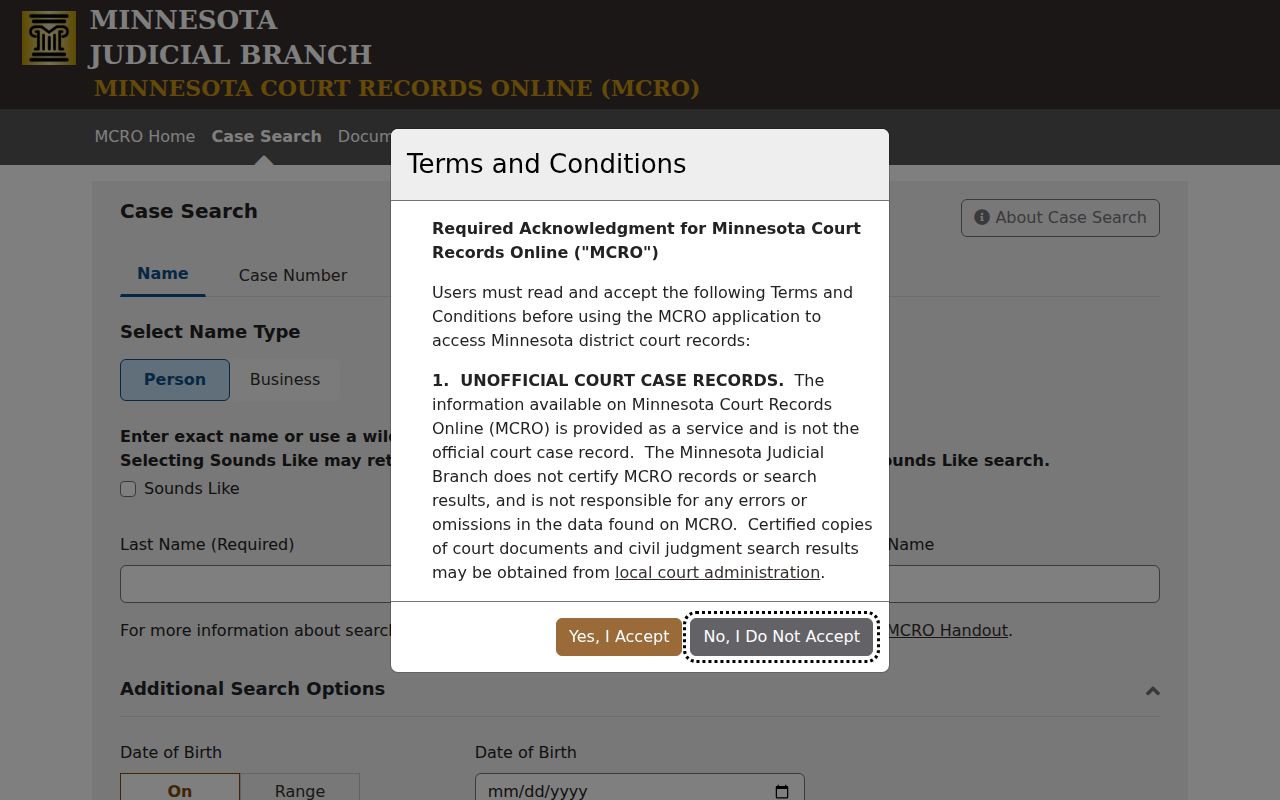 Koochiching County docket search case search page in MCRO