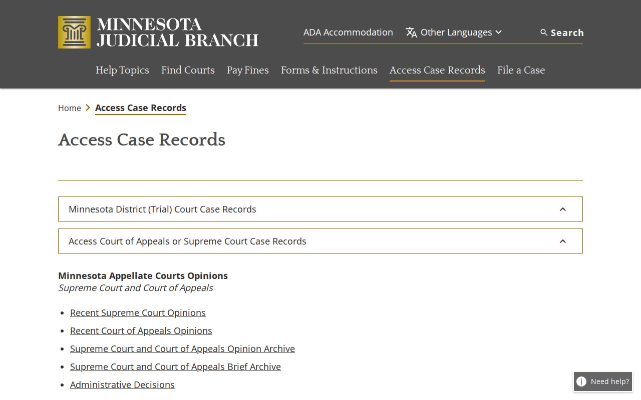 Koochiching County court case records access through Minnesota courts