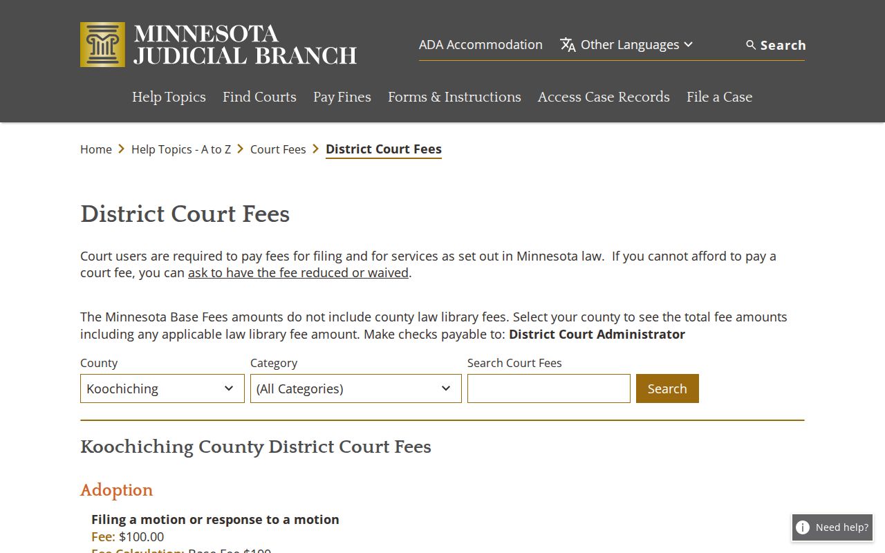 Koochiching County court case records fee information