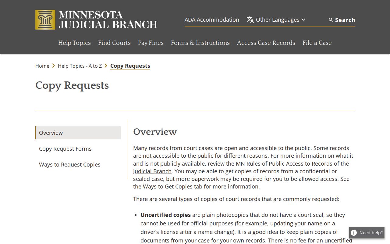 Koochiching County court case records copy request options
