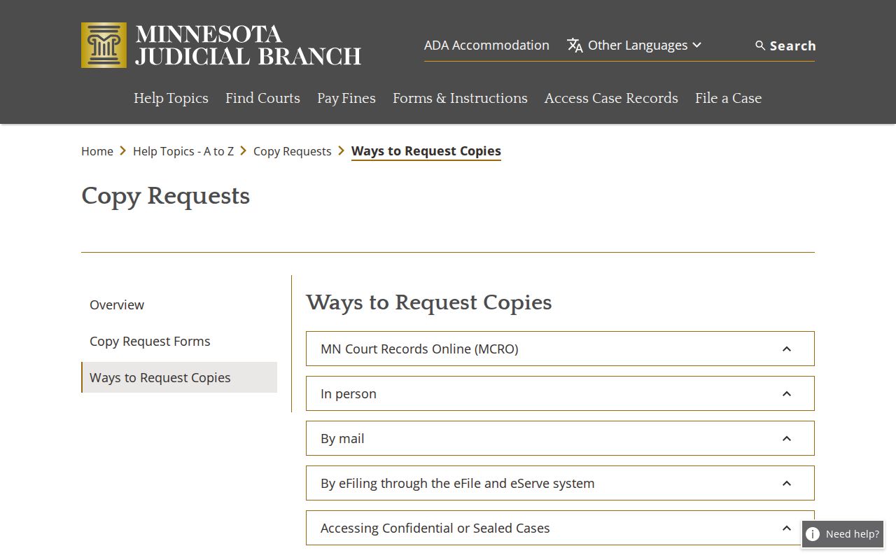 Koochiching County court case records request by mail or in person